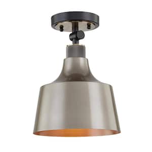 Amiens 8 in. 1-Light Ceiling Black with Antique Brass Grey Green Metal Shade Flush Mount
