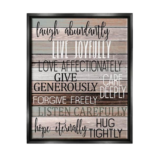 Live Joyfully Phrases on Wood Grain Brown Tan Teal by Kim Allen Floater Frame Typography Wall Art Print 31 in. x 25 in.