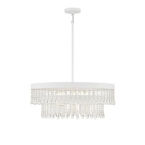 26 in. W x 10 in. H 6-Light Bisque White Statement Pendant Light with Clear Crystal Teardrops and Beads