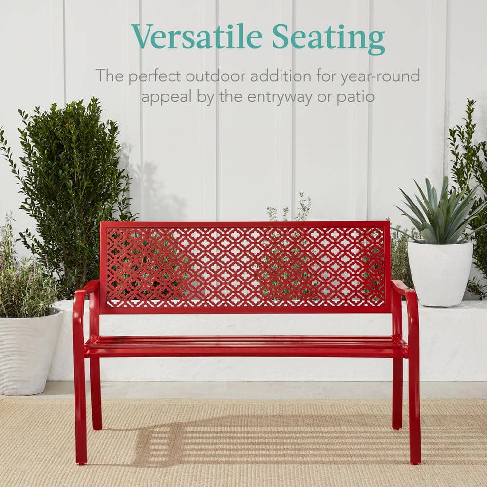 Rose Red Steel Outdoor Bench with Geometric Backrest
