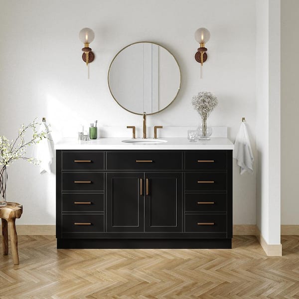Hepburn 61 in. W x 22 in. D x 36 in. H Single Sink Freestanding Bath Vanity in Black with Pure White Quartz Top