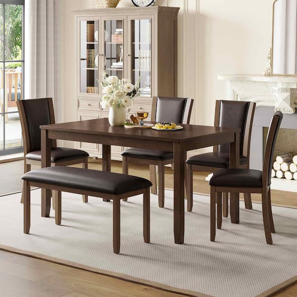 6-Piece Rectangle Dark Walnut Wood Top Dining Room Set Seats 6