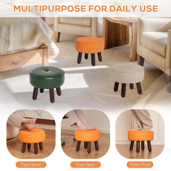 Orange Faux Leather Upholstered Round Small Pouf Ottoman Footstool