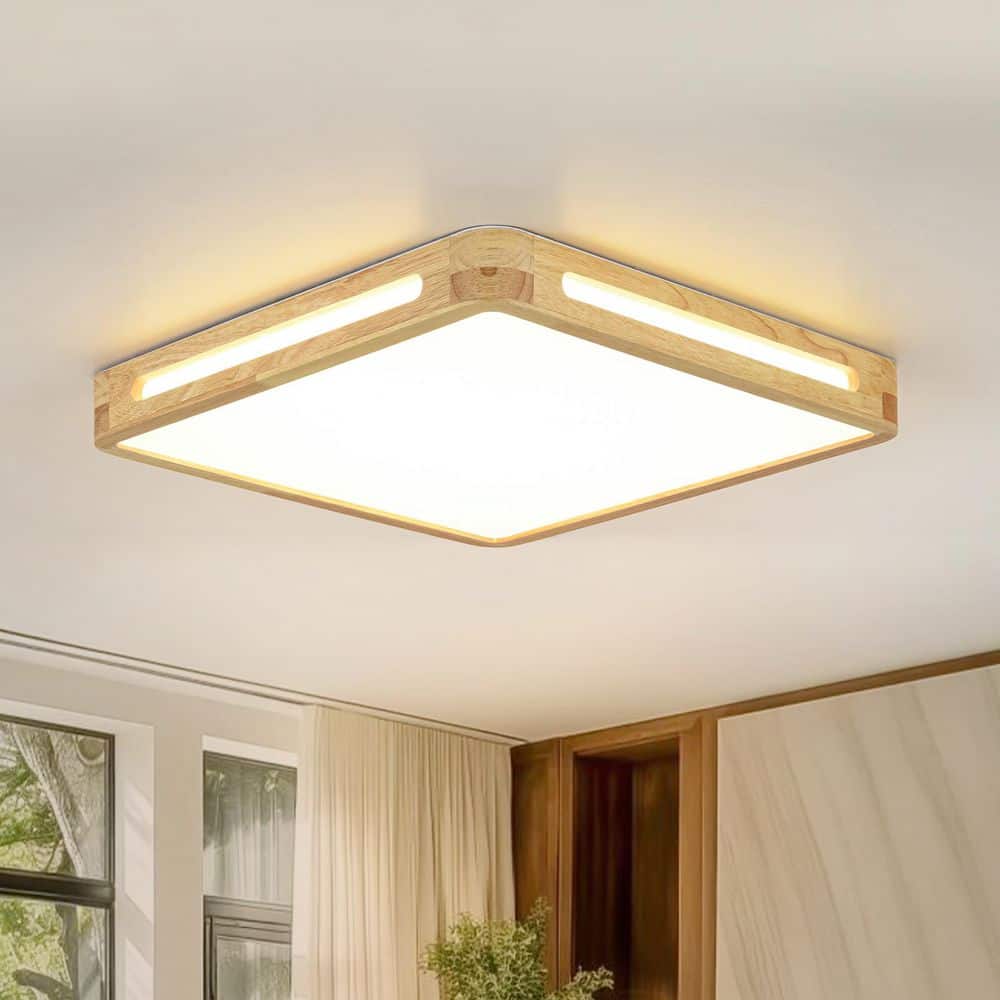 HUOKU Lumin 19.7 in. W Square Natural Oak Wood and Acrylic Flush