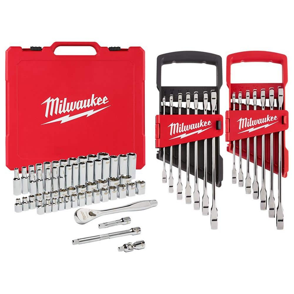 Milwaukee 3/8 in. Drive SAE/Metric Ratchet & Socket Mechanics Tool Set with SAE/Metric Ratcheting Combination Wrenches (70-Piece)