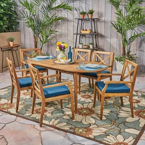 Pines Teak Brown 7-Piece Wood Outdoor Dining Set with Blue Cushions