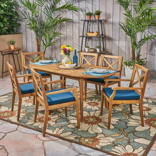 Noble House Pines Teak Brown 7-Piece Wood Outdoor Dining Set with Blue Cushions