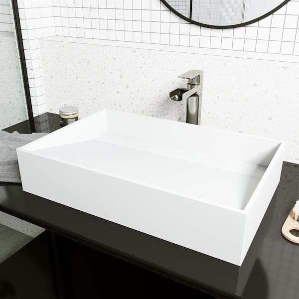 VIGO Matte Stone Starr Composite Rectangular Vessel Bathroom Sink in White with Amada Faucet and Drain in Brushed Nickel
