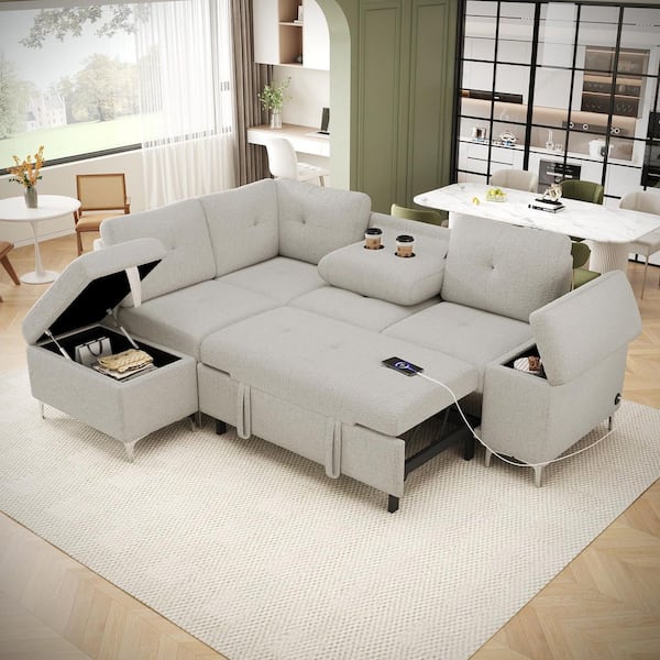 71 x 88 in. Beige Comfort Chenille Modular L-Shaped Sectional Sofa Bed with 2-Cup Holders and 2-USB Ports