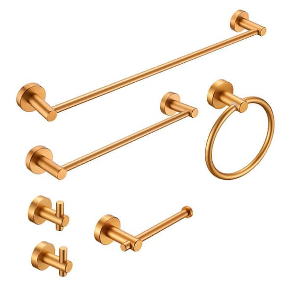Heemli Modern 6-Piece Bath Hardware Set with Towel Bar*2, Towel Ring*1, Toilet Paper Holder*1, Hook*2 in Gold