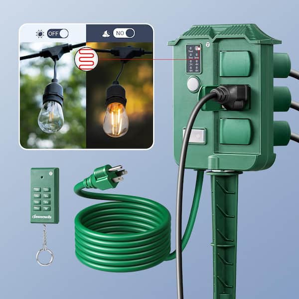 Outdoor Power Stake Timer Waterproof, 100 ft. Wireless Remote Control, 6 Grounded Outlets, 6 ft. Extension Cord