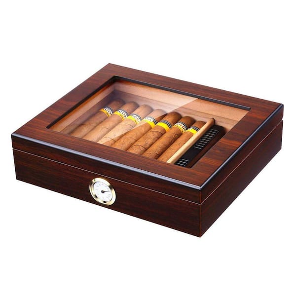 wood tobacco box 10.19 in. W x 2.7 in. H Walnut Spanish Cedar Wood Cigar Humidor Box with  Glass Top and Humidifier SA1059B247
