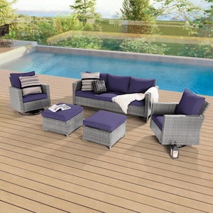 5-Piece Patio Conversation Set Gray Wicker with Swivel Rocking Chair and Navy Blue Thickening Cushions