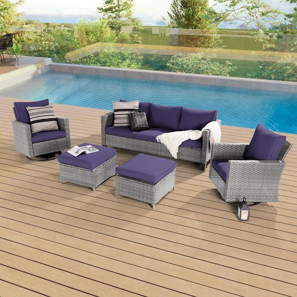 Sonkuki 5-Piece Patio Conversation Set Gray Wicker with Swivel Rocking Chair and Navy Blue Thickening Cushions