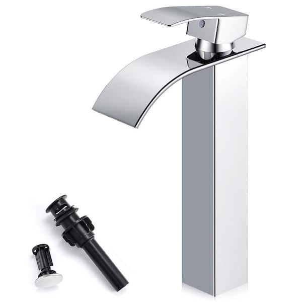 Single Handle Waterfll Spout Single Hole Tall Bathroom Sink Faucet with Drain in Polished Chrome