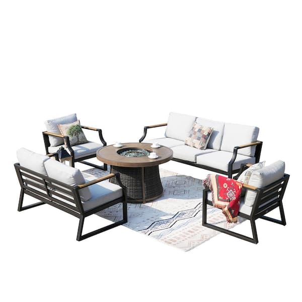 DIRECT WICKER Bright Black 5-Piece Aluminum Patio Fire Pit Conversation Set with Grey Cushions