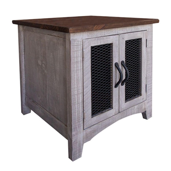 Benjara 22.75 in. Light Gray and Brown Square Wood End Table with Dual Doors