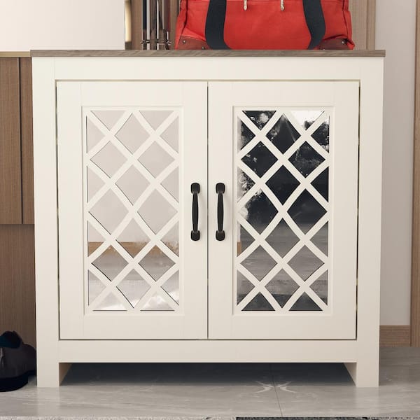 GALANO 30.2 in. H x 30.9 in. W Ivory with Knotty Gray Oak Wood Shoe Storage Cabinet