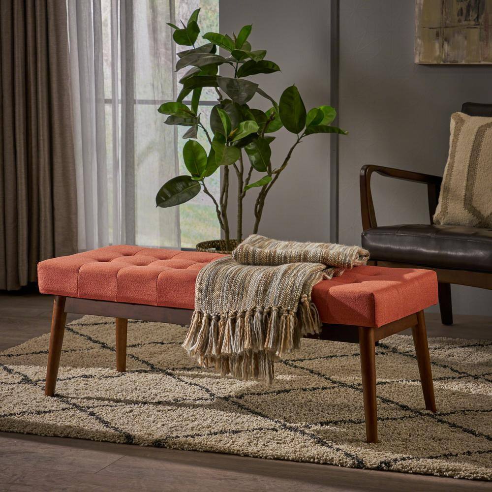 Mid-Century Coral Tufted Fabric Ottoman with Walnut Frame