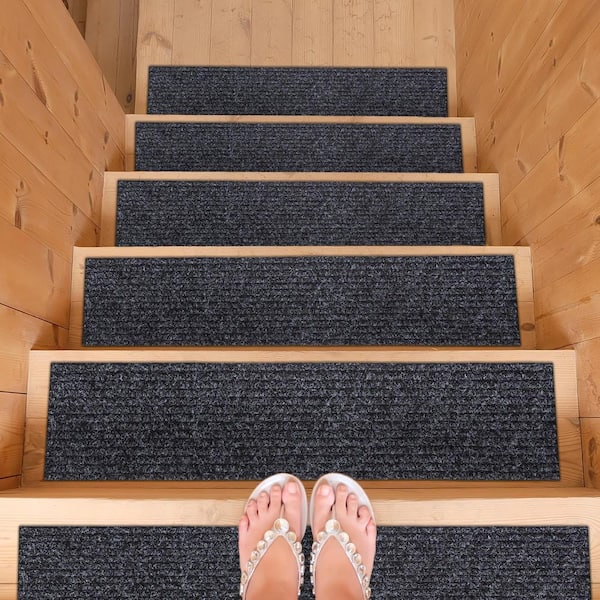 Comfort Collection Non-Slip Rubberback Solid 8 in. x 30 in. Indoor Stair Treads, Set of 14, Black