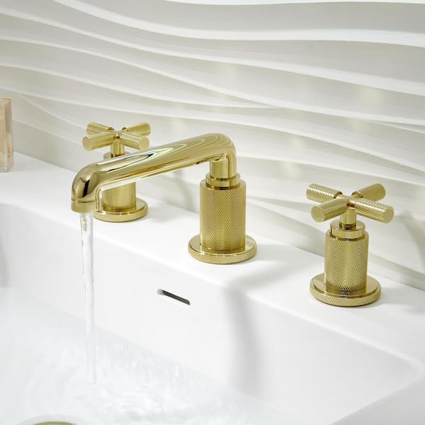 8 in. Widespread Double Handle 3 Hole Brass Bathroom Faucet in Gold