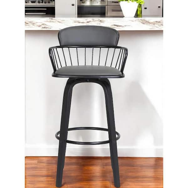 HomeRoots 25.5 in. Black and Gray Low Back Wood Counter Stool Faux Leather Seat