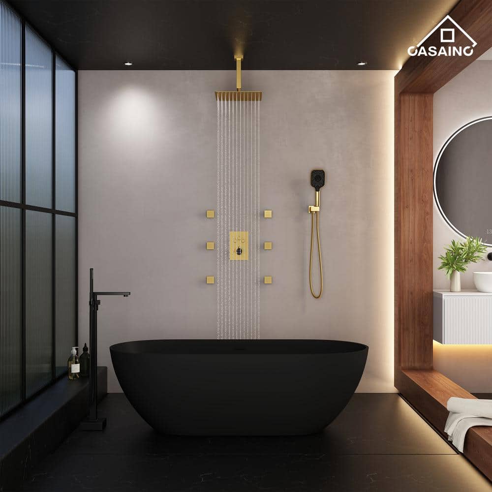 Brushed Gold Multi-Head Ceiling Mounted Shower System with Body Jets