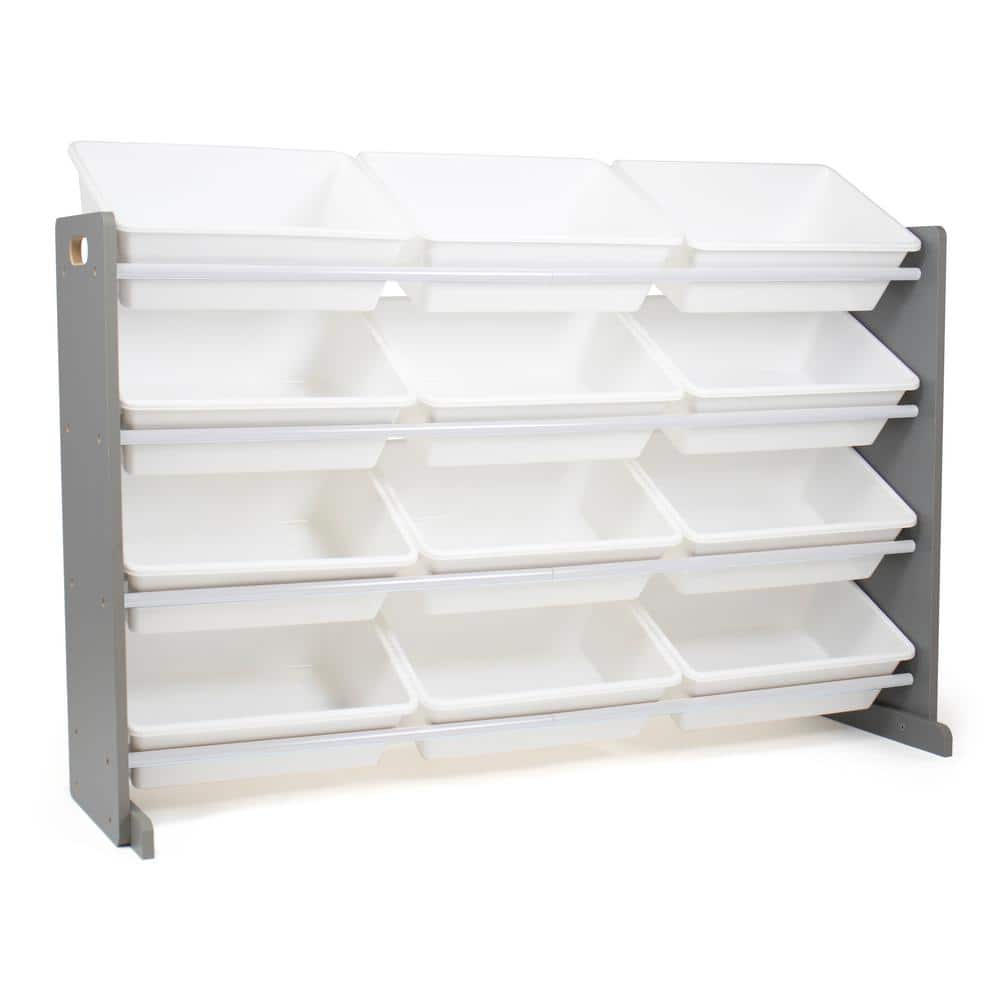 Grey 31" in. H Kids Engineered Wood Toy Storage Organizer with 12 Super-Sized Plastic Storage Bins