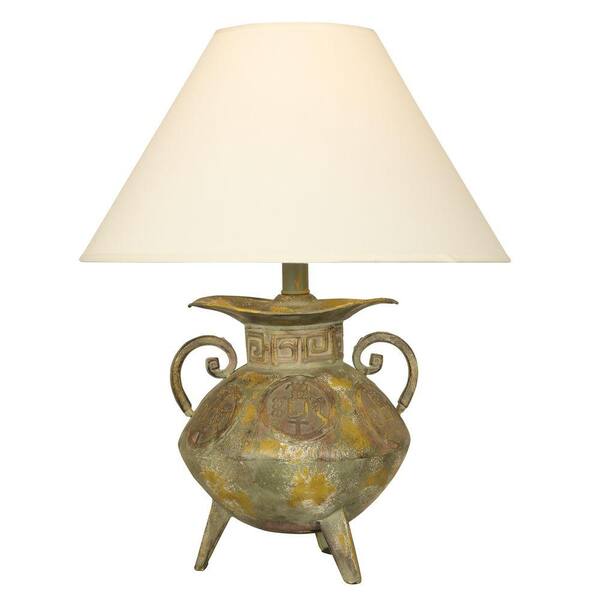 Unbranded 20.5 in. Handled Pot Mottled Gold Accent Lamp with Shade