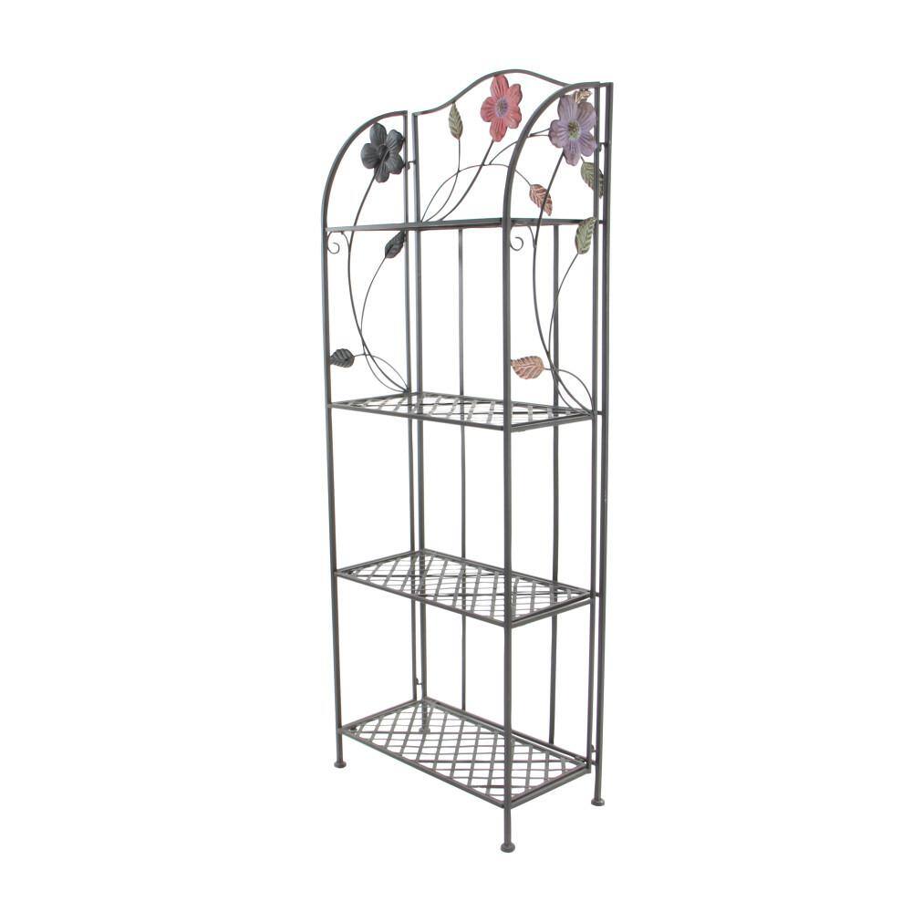 Black Metal Floral Tall Folding Bakers Rack with 4 Shelves