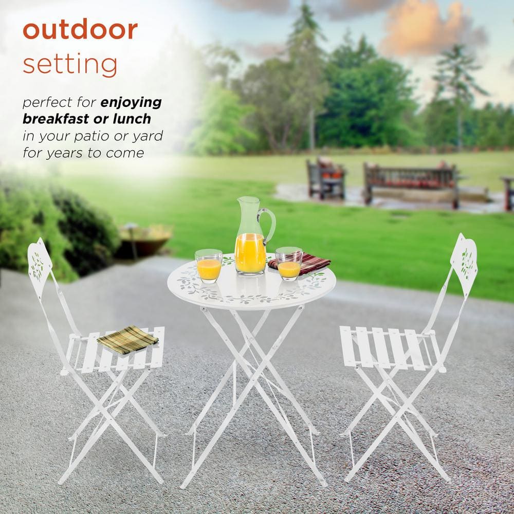 Chic Floral Cut-Out White Steel 3-Piece Patio Bistro Set