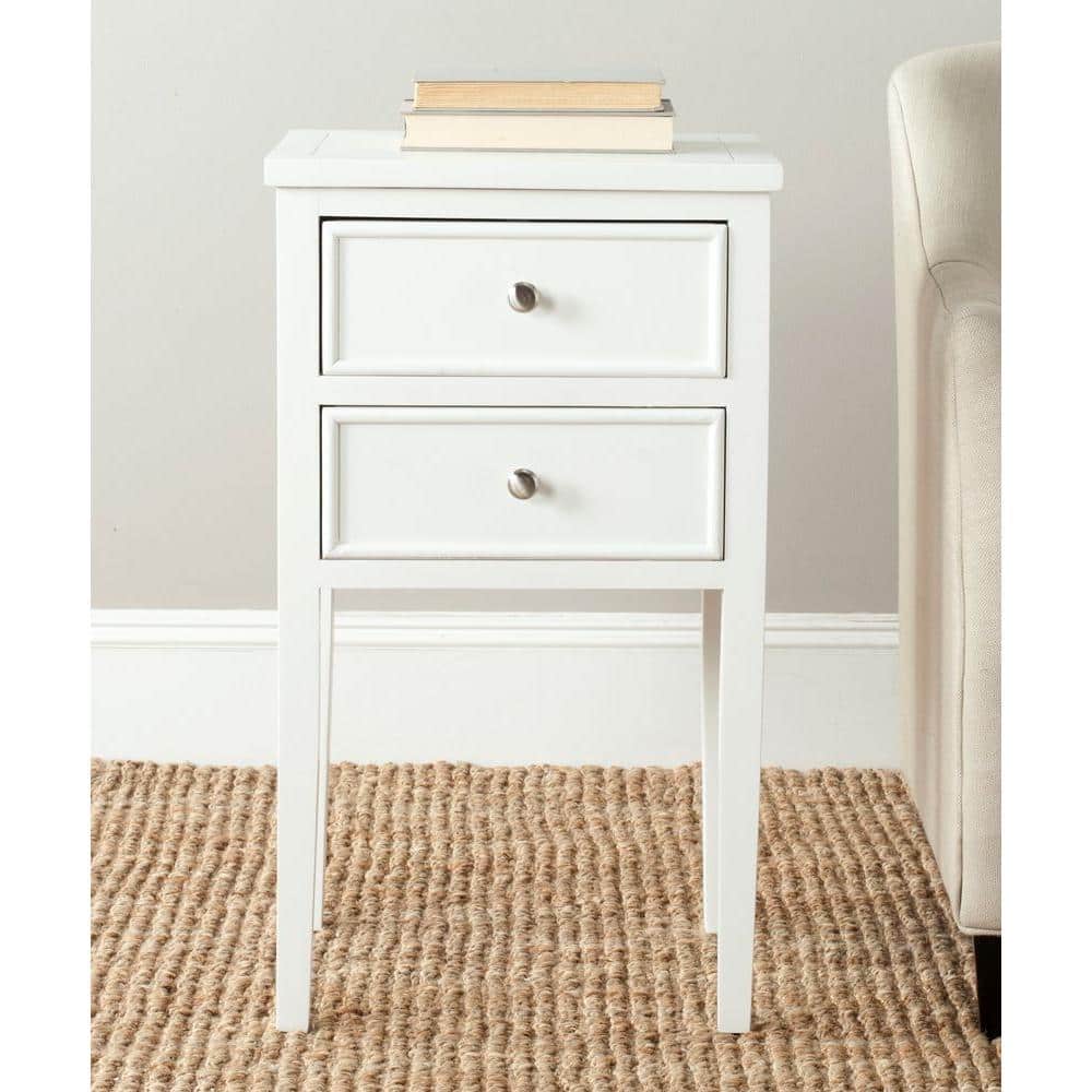 Transitional White Poplar Wood Nightstand with Metal Pulls and Storage