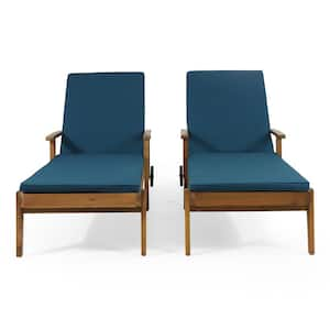 Senia Wood Outdoor Chaise Lounge with Blue Cushion (Set of 2)