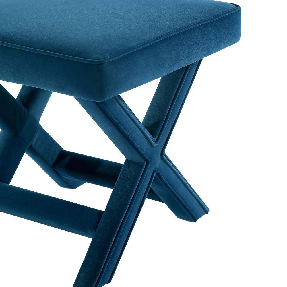 Abigail Blue Velvet Upholstered X-Base Ottoman