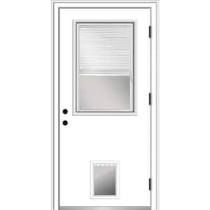 32 in. x 80 in. Internal Blinds Left-Hand Outswing 1/2-Lite Clear Primed Fiberglass Prehung Front Door with Pet Door