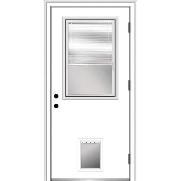 MMI Door 36 in. x 80 in. Internal Blinds Left-Hand Outswing 1/2-Lite Clear Primed Fiberglass Prehung Front Door with Pet Door