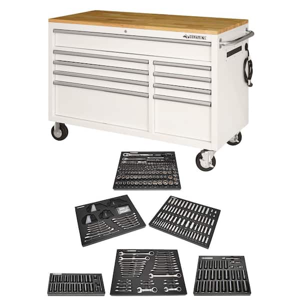 Husky 52 in. W x 25 in. D 9-Drawer Gloss White Mobile Workbench Tool Chest with Mechanics Tool Set in Foam (370-Piece)