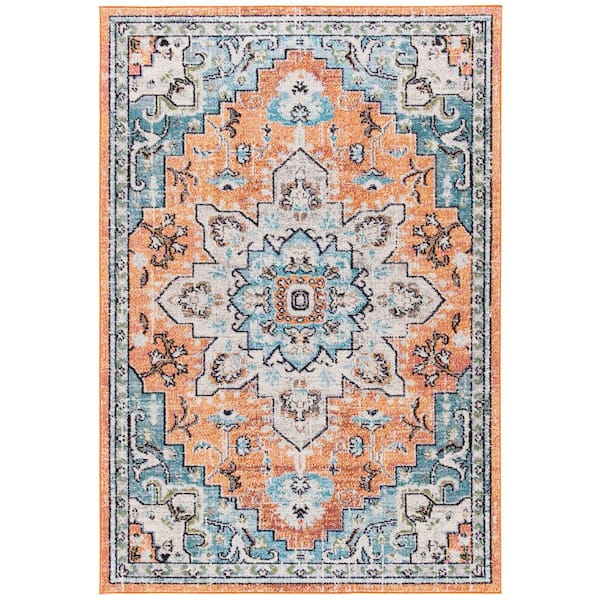 SAFAVIEH Madison Orange/Teal Doormat 2 ft. x 4 ft. Border Geometric Floral Medallion Area Rug