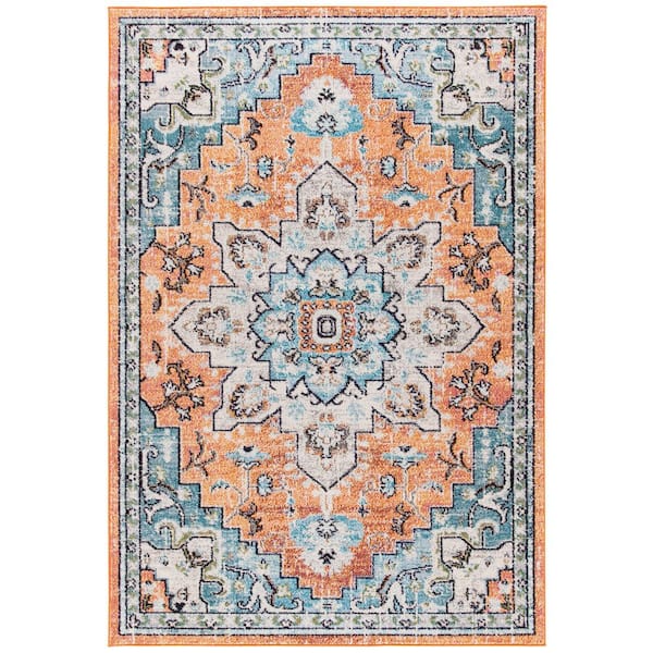 SAFAVIEH Madison Orange/Teal 2 ft. x 4 ft. Border Geometric Floral Medallion Area Rug