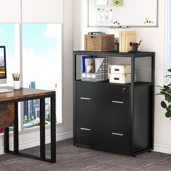 BYBLIGHT Atencio Black File-Cabinet with Lock Open Storage Shelves