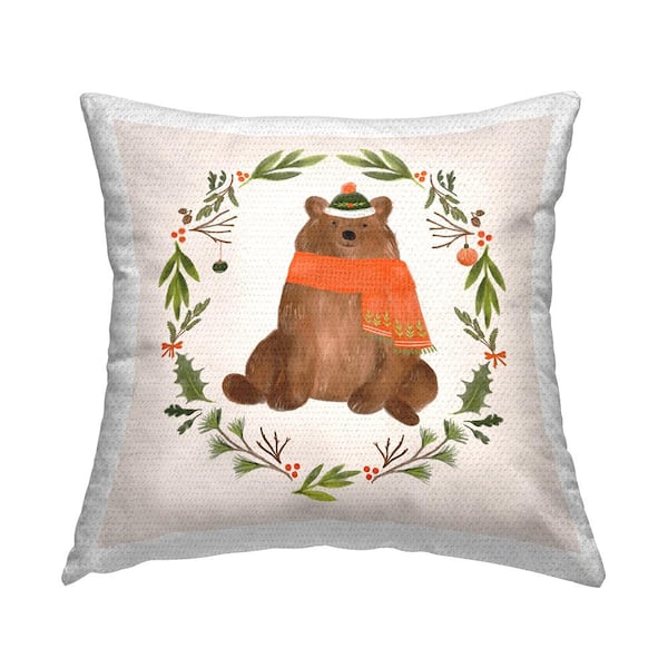 Holiday Bear Wreaf Brown Square Outdoor Throw Pillow