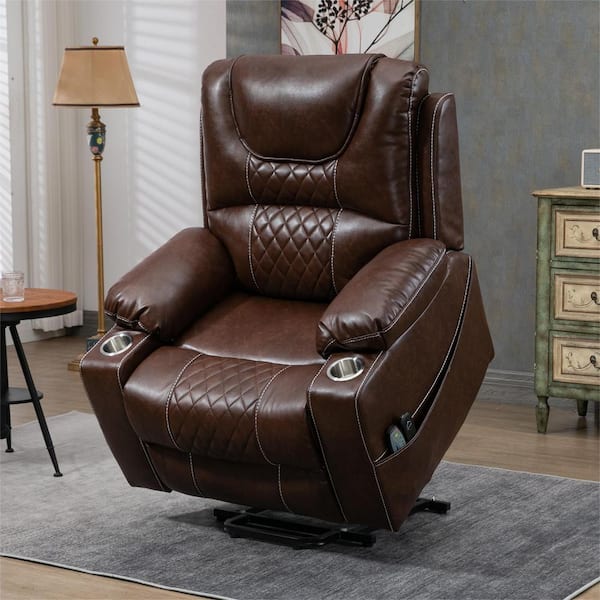 aisword Enhanced Exclusive Oversized Faux Leather Power Lift Recliner Chair with Massage, Heating and 2 Cup Holder - Espresso