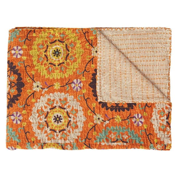 Orange, Yellow Floral Cotton Throw Blanket