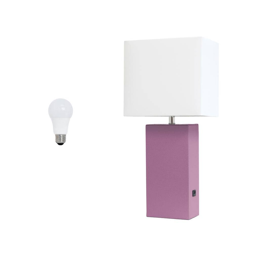 Lalia Home 21 in. Modern Leather Base Table Lamp for Living Room with USB Charging Port and Feit LED Bulb, Purple