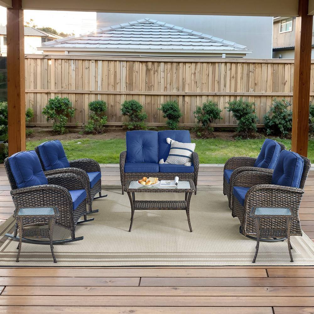 Brown 8-Piece Wicker Patio Conversation Set with Swivel Rockers, Outdoor Loveseat Seating Set with Navy Blue Cushions price history on PriceWatchPro