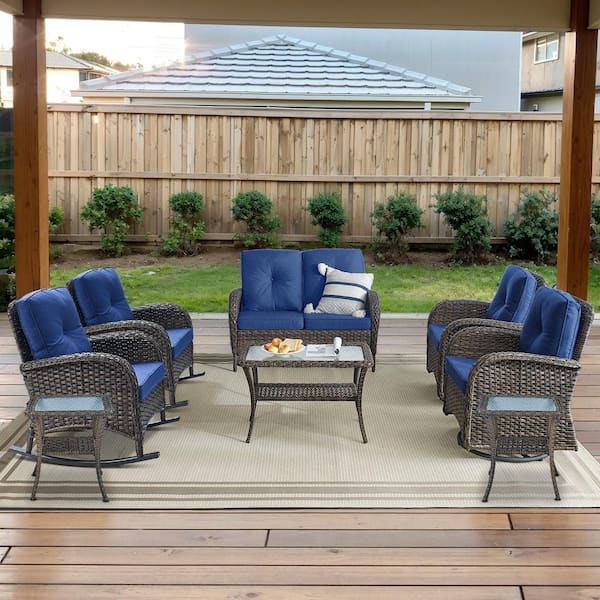 Opohoro Brown 8-Piece Wicker Patio Conversation Set with Swivel Rockers, Outdoor Loveseat Seating Set with Navy Blue Cushions