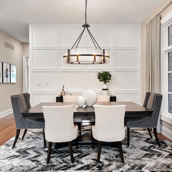 Dvorakova 27.95 in. 8-Light Matte Black Round Dimmable Chandelier with Textured Glass Shade