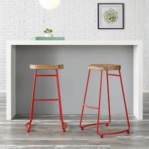 Modern Ruby Red Metal Backless Bar Stool with Wood Seat (Set of 2)