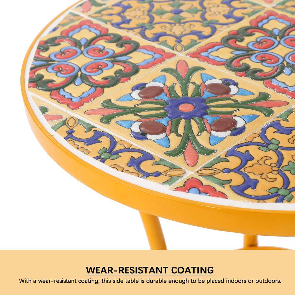 Yellow Ceramic Tile Mosaic Outdoor Side Table with Iron Frame