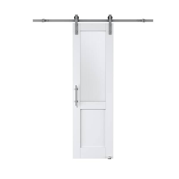 ARK DESIGN 24 in. x 80 in. 1/2 Lite Tempered Frosted Glass White Finished MDF Sliding Barn Door with Hardware Kit Nickel Plated